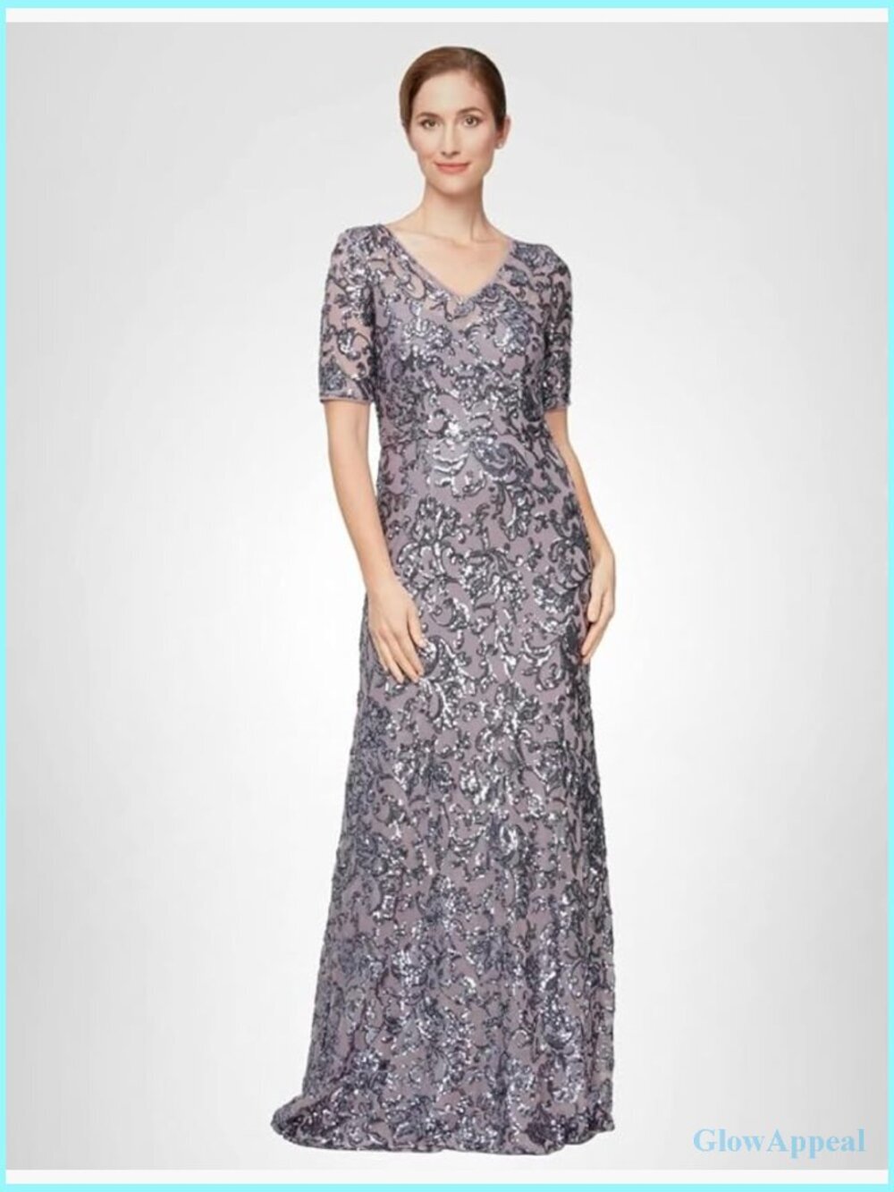 Long A-Line Sequin Lace V-Neck Mother of Bride Dress Short Sleeves Formal Gown